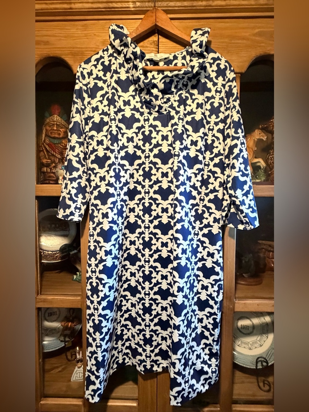 Jean-Pierre Klifa Paris Ruffle Collar Jersey Dress Blue/ Scroll Resort Size XL
